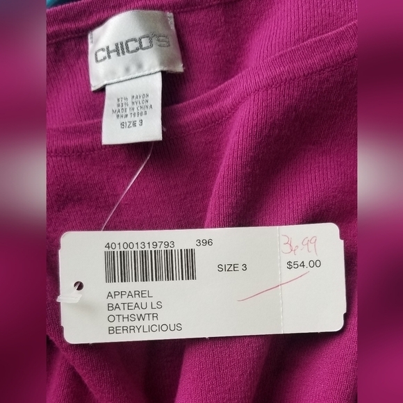 Chico's NWT Long Sleeve Purple Knit Sweater. Berrylicious. Round Neck. Size 3. - Picture 2 of 7